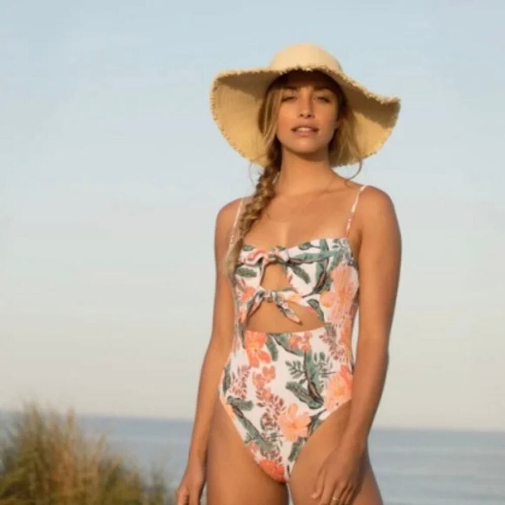Roxy Just Shine One Piece Swimsuit Tropical Print Cutout Women's XS Cream Orange